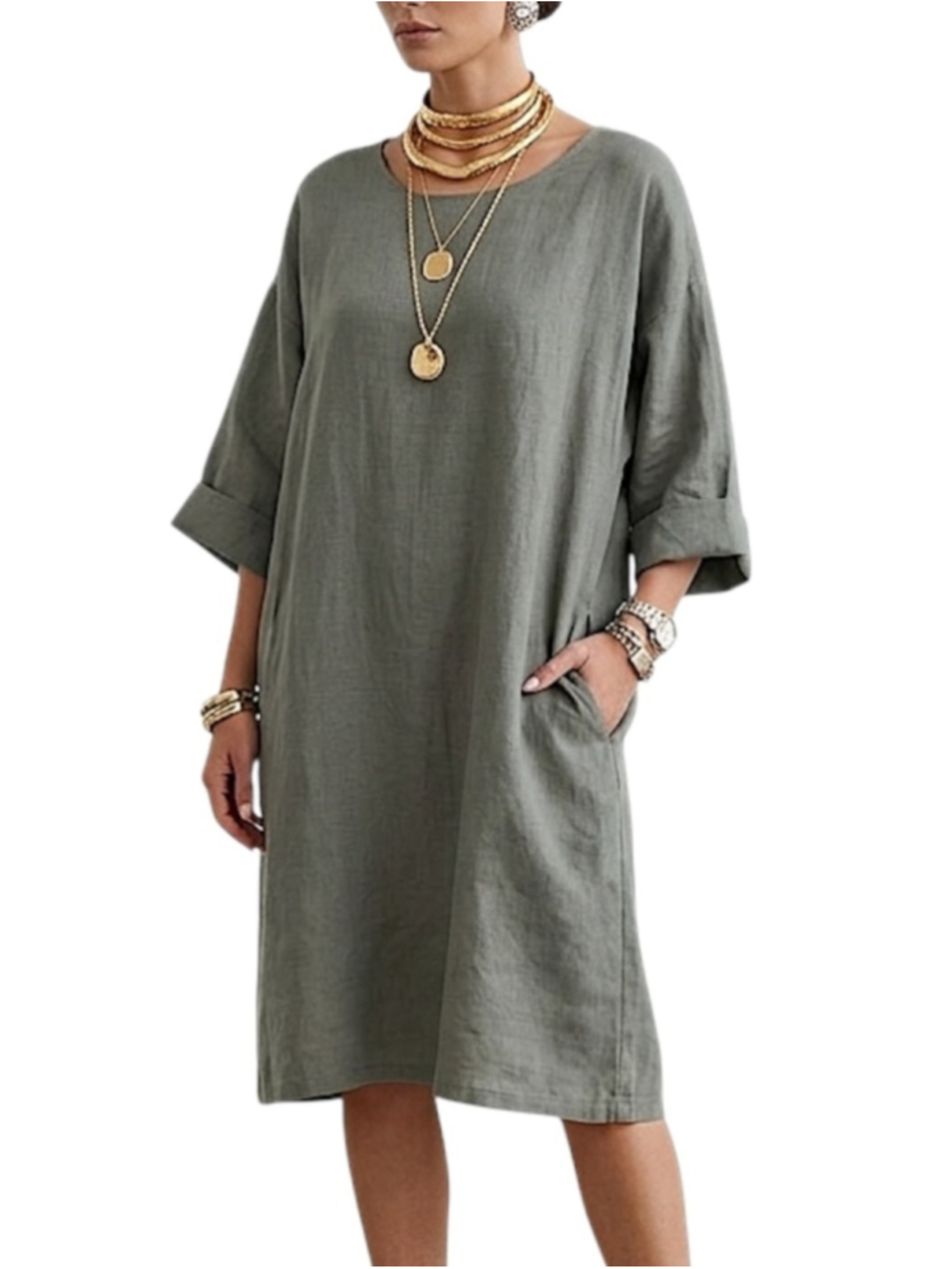 Pure Italian linen green boxy oversized lagenlook old money coastal dress XS